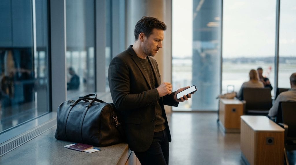 Viaggiatore che sceglie l'assicurazione viaggio Globy di Allianz in aeroporto