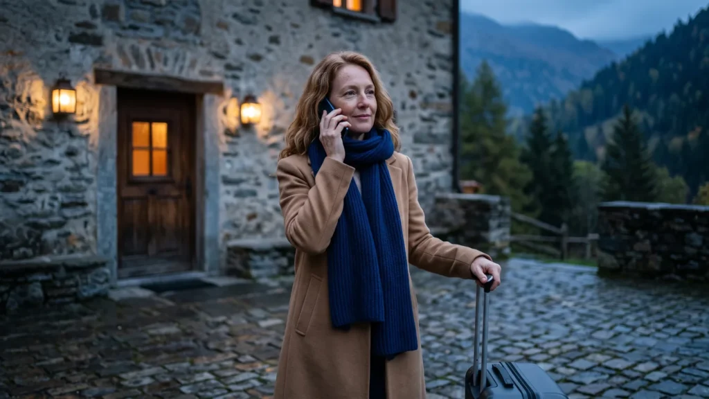 Come funziona l'assicurazione di viaggio: viaggiatrice in un cortile di montagna chiede assistenza al telefono