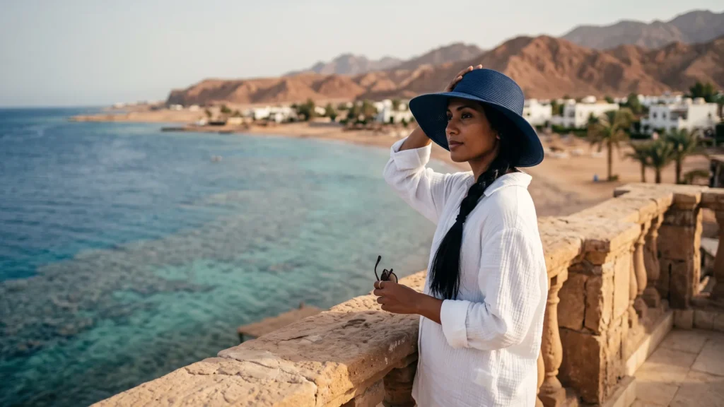 Viaggiatrice con cappello blu su una terrazza sul Mar Rosso in Egitto, tra mare turchese e montagne desertiche