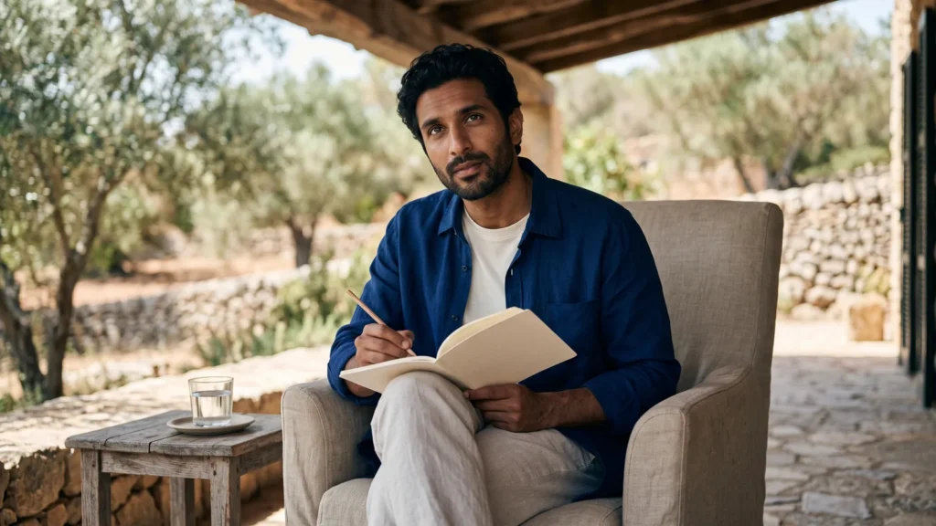 Uomo in camicia di lino blu con quaderno e matita su una veranda tra gli ulivi, glossario assicurazione viaggio