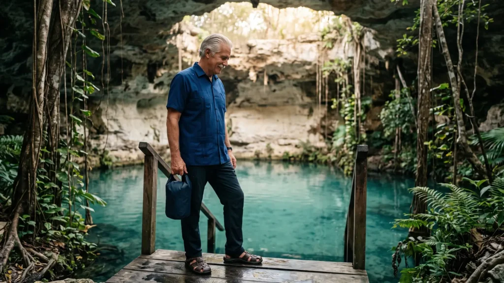 Viaggiatore con camicia blu sulla scalinata di legno di un cenote in Messico, tra acqua turchese e radici sospese