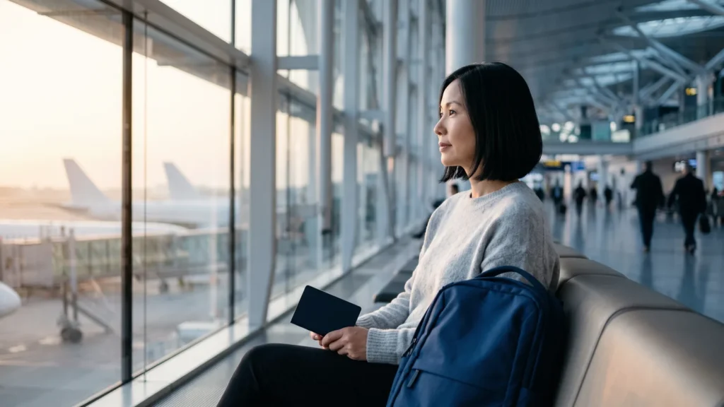 Viaggiatrice con zaino blu in un aeroporto internazionale durante un viaggio in più destinazioni nel mondo