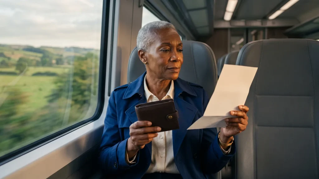 Donna in trench blu in treno confronta portafoglio e foglio: assicurazione viaggio o carta di credito