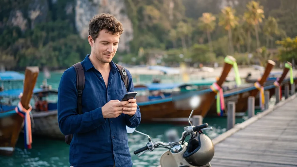 Viaggiatore su un molo tropicale in Thailandia con zaino e smartphone, barche longtail e scooter con casco