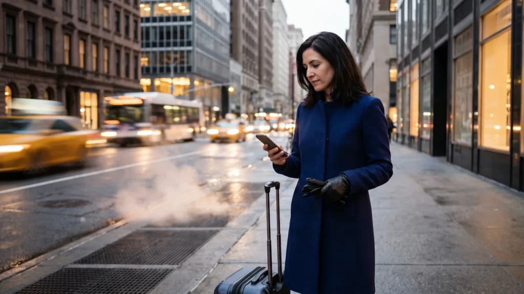 Viaggiatrice con trolley e smartphone su un viale di una metropoli americana al tramonto, taxi gialli sfocati